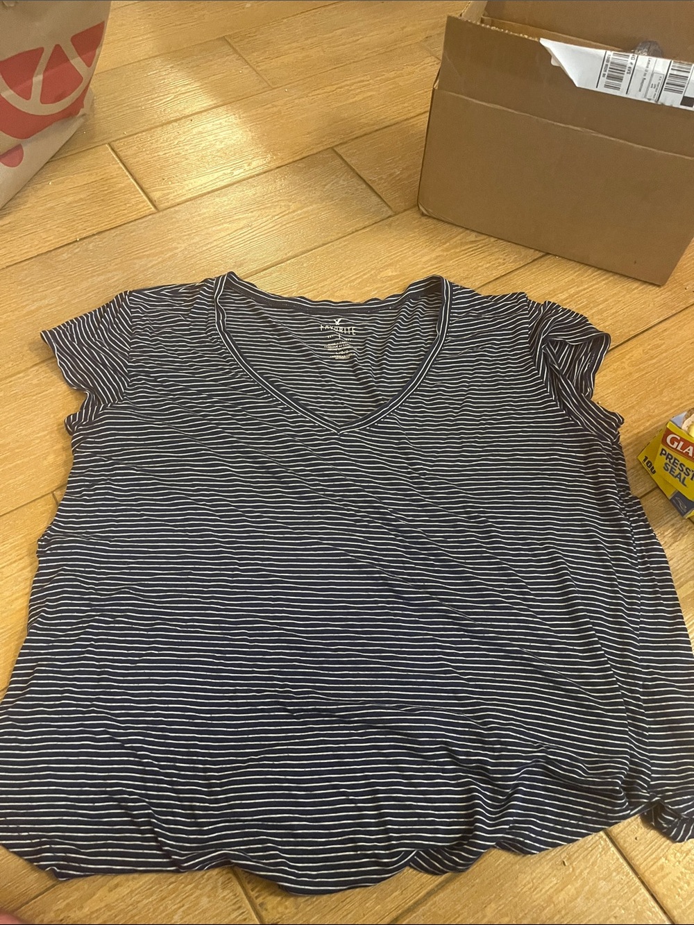 American Eagle Outfitters Navy & White Striped V-Neck Tee